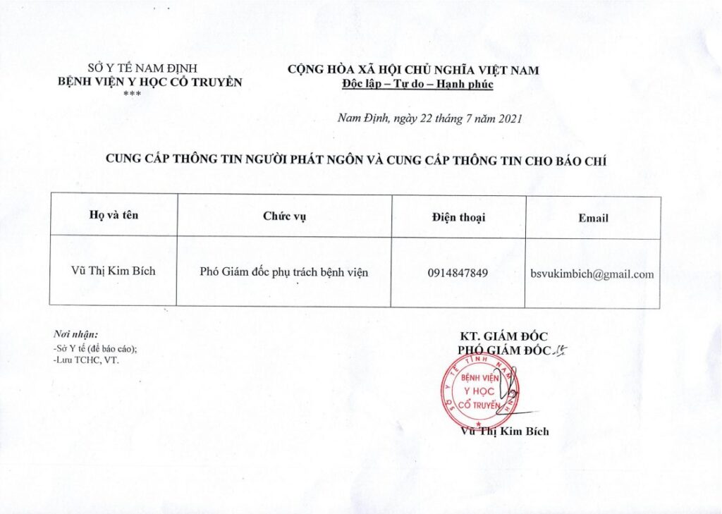Bệnh viện YHCT Nam Định cung cấp thông tin người phát ngôn và cung câp thông tin cho báo chí.